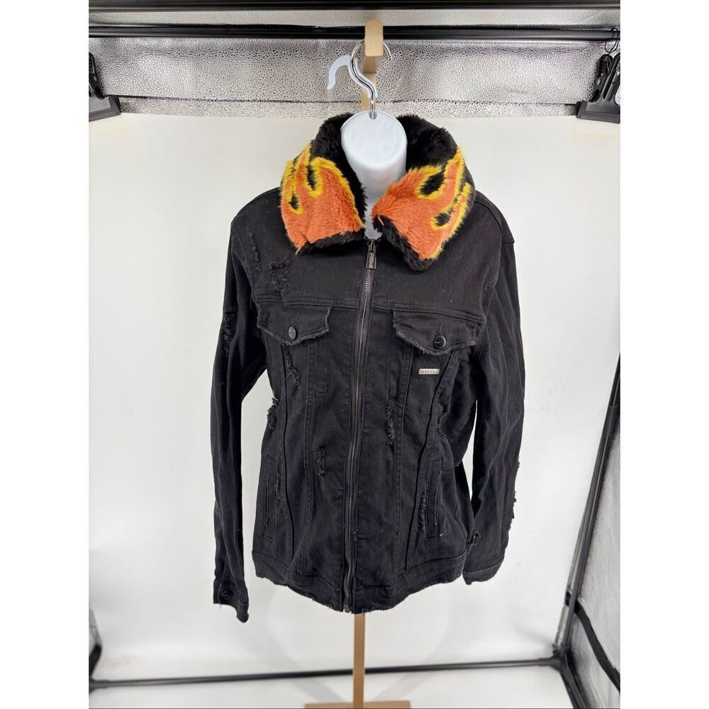 PREME Mens Flame Collection Faux Fur Collar Distressed Black Denim Jacket Size L